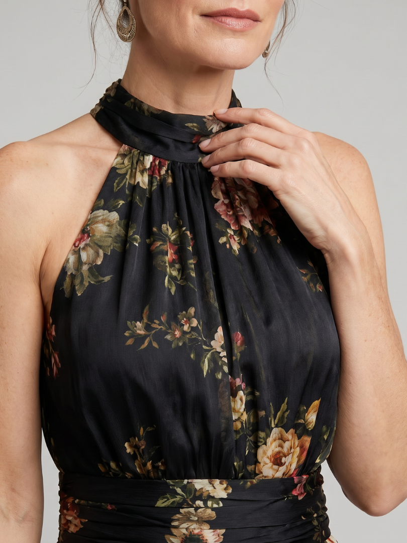 Robe Longue Fleurie Col Montant