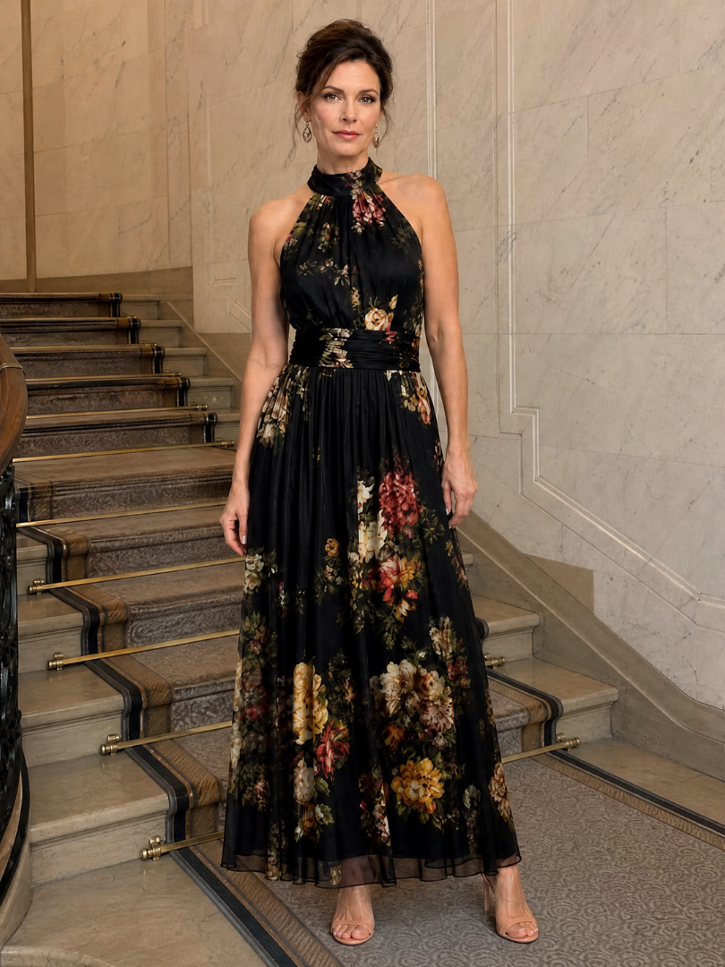 Robe Longue Fleurie Col Montant
