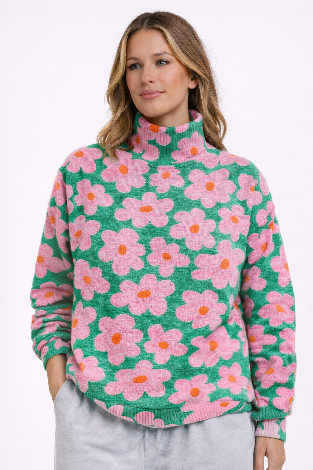 Pull à col roulé fleuri
