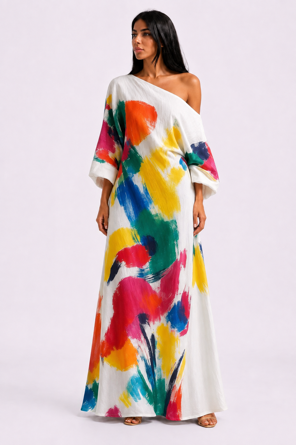 Robe Longue Imprimé Peinture Épaule Dénudée