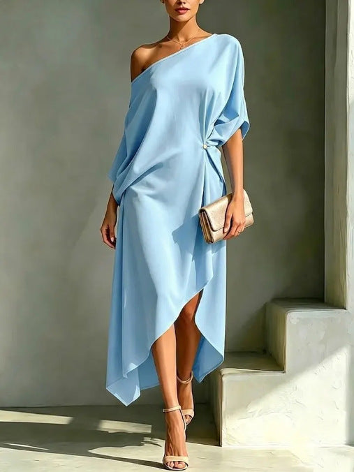 Robe Midi Épaule Dénudée Bas Asymétrique