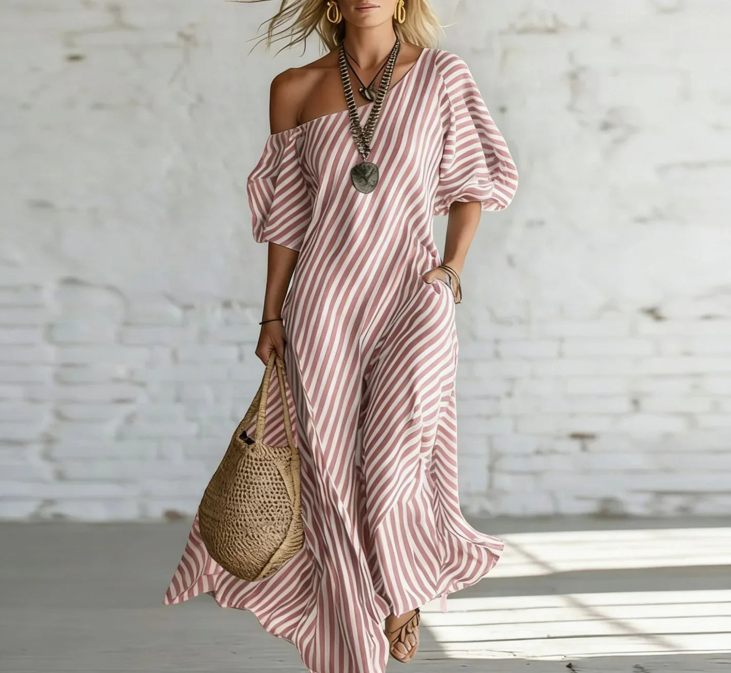 Robe Longue Rayée Épaule Dénudée