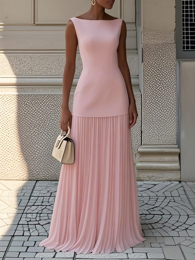 Robe Longue Jupe Plissée Col Bateau
