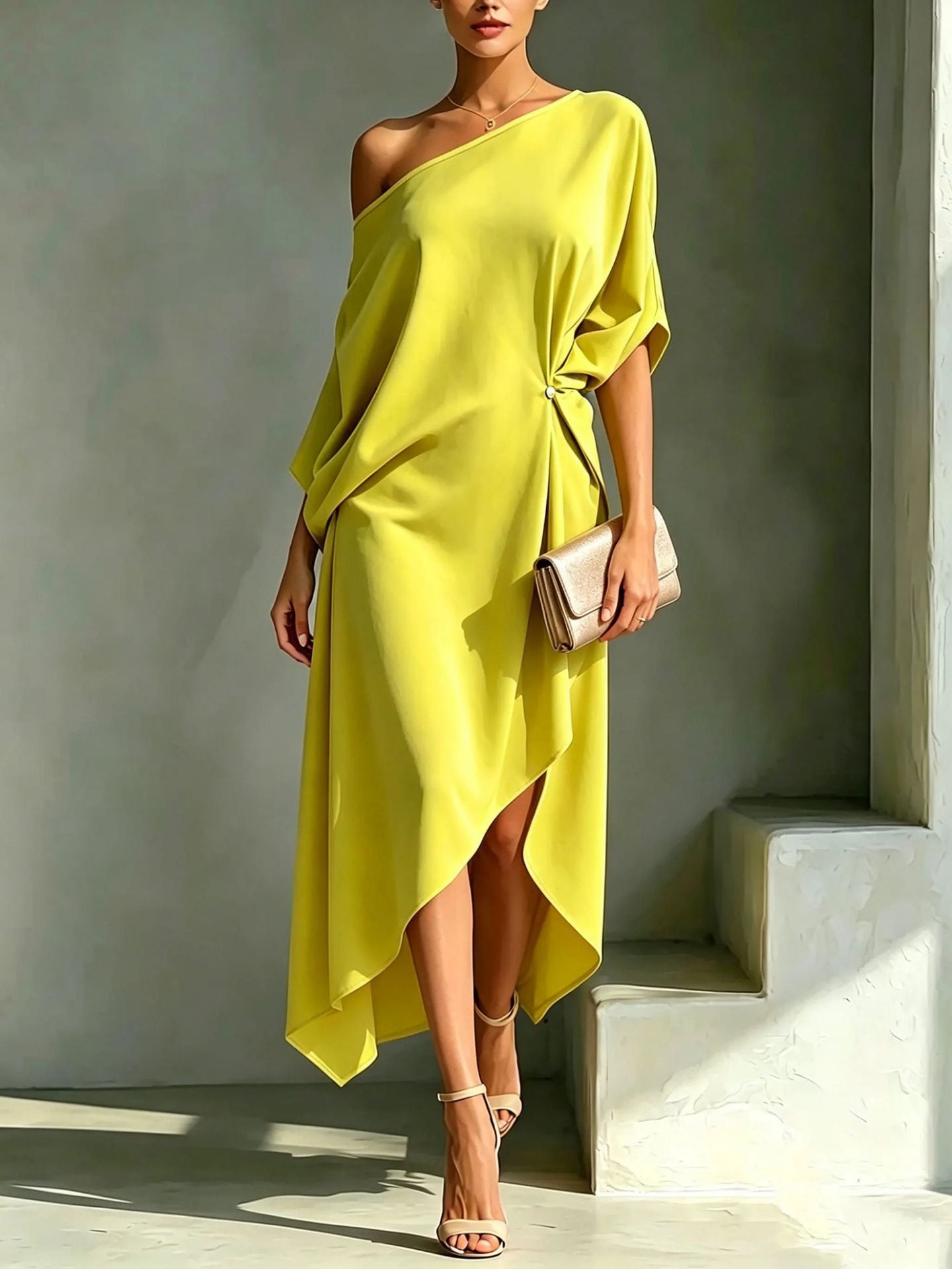 Robe Midi Épaule Dénudée Bas Asymétrique