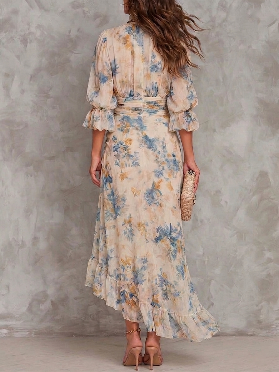 Robe Fleurie Col Montant Volants