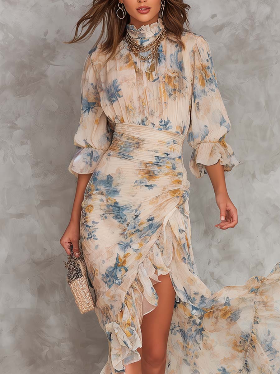 Robe Fleurie Col Montant Volants