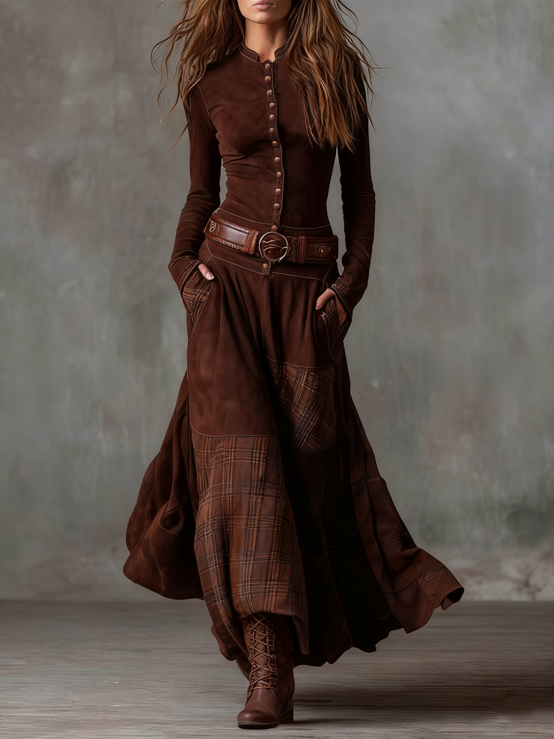 Robe longue à carreaux avec ceinture