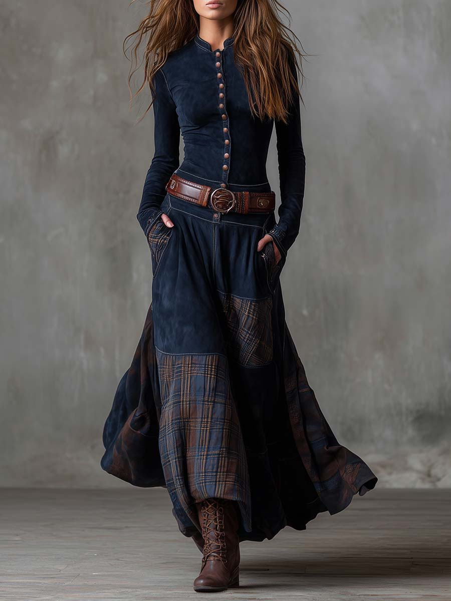 Robe longue à carreaux avec ceinture