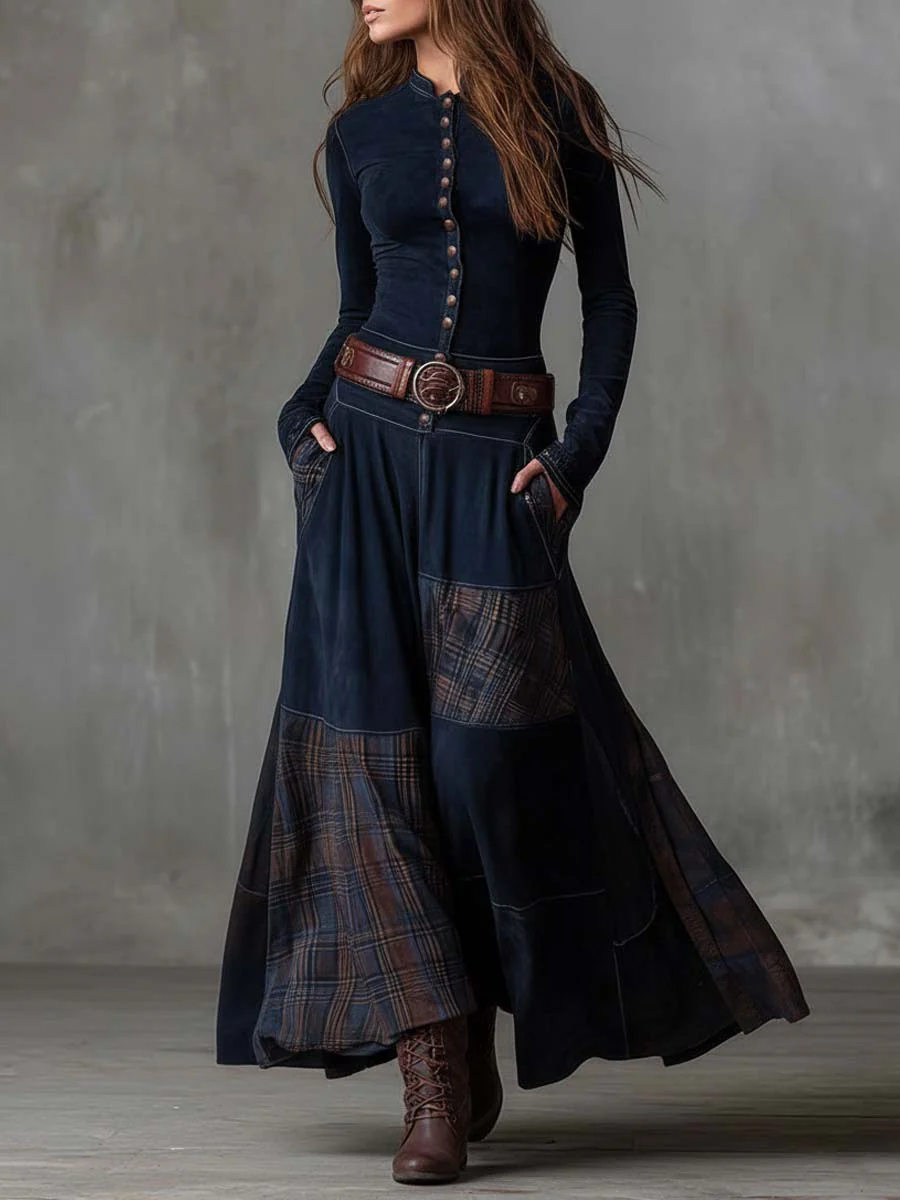 Robe longue à carreaux avec ceinture