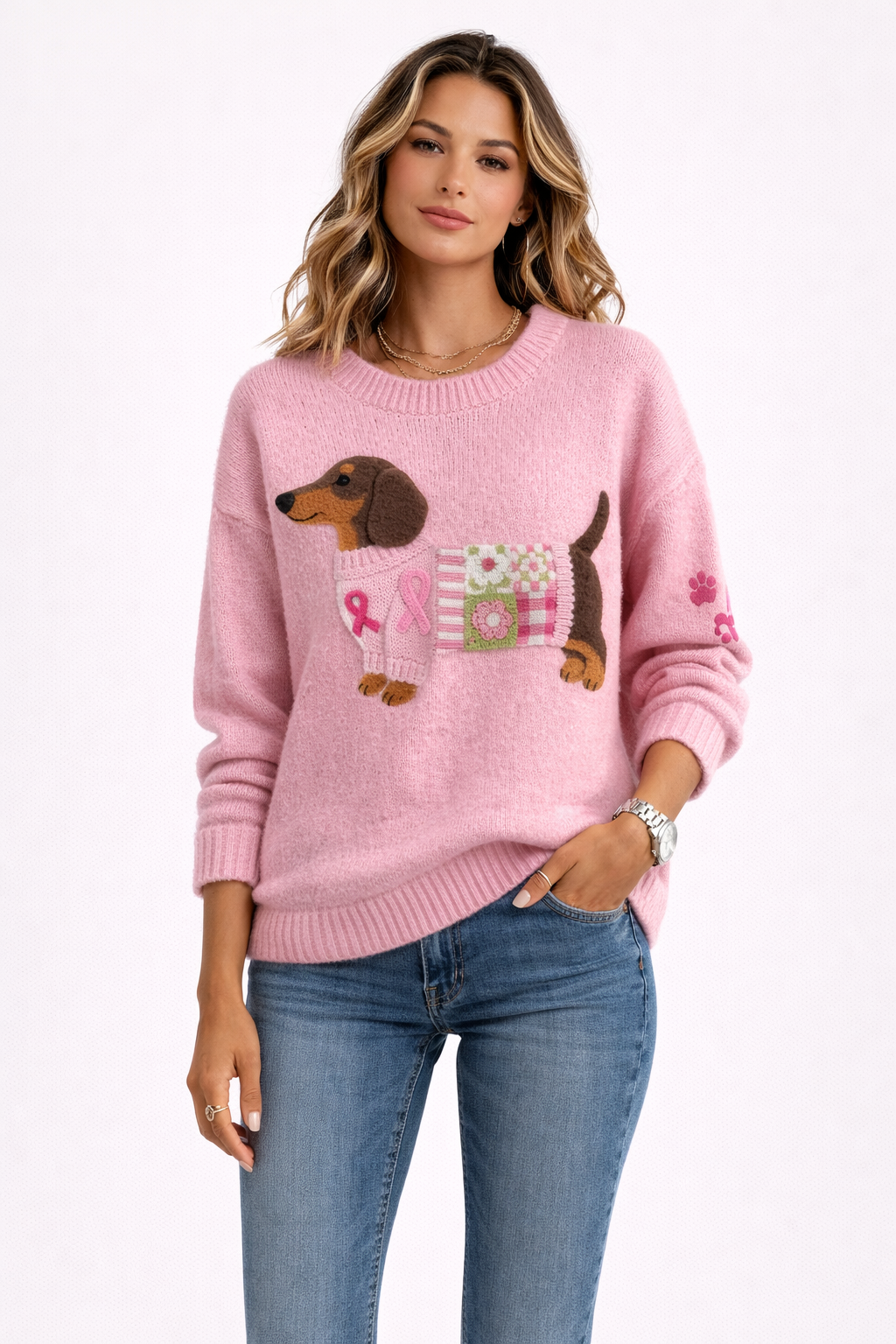 Pull en maille avec teckel en feutre