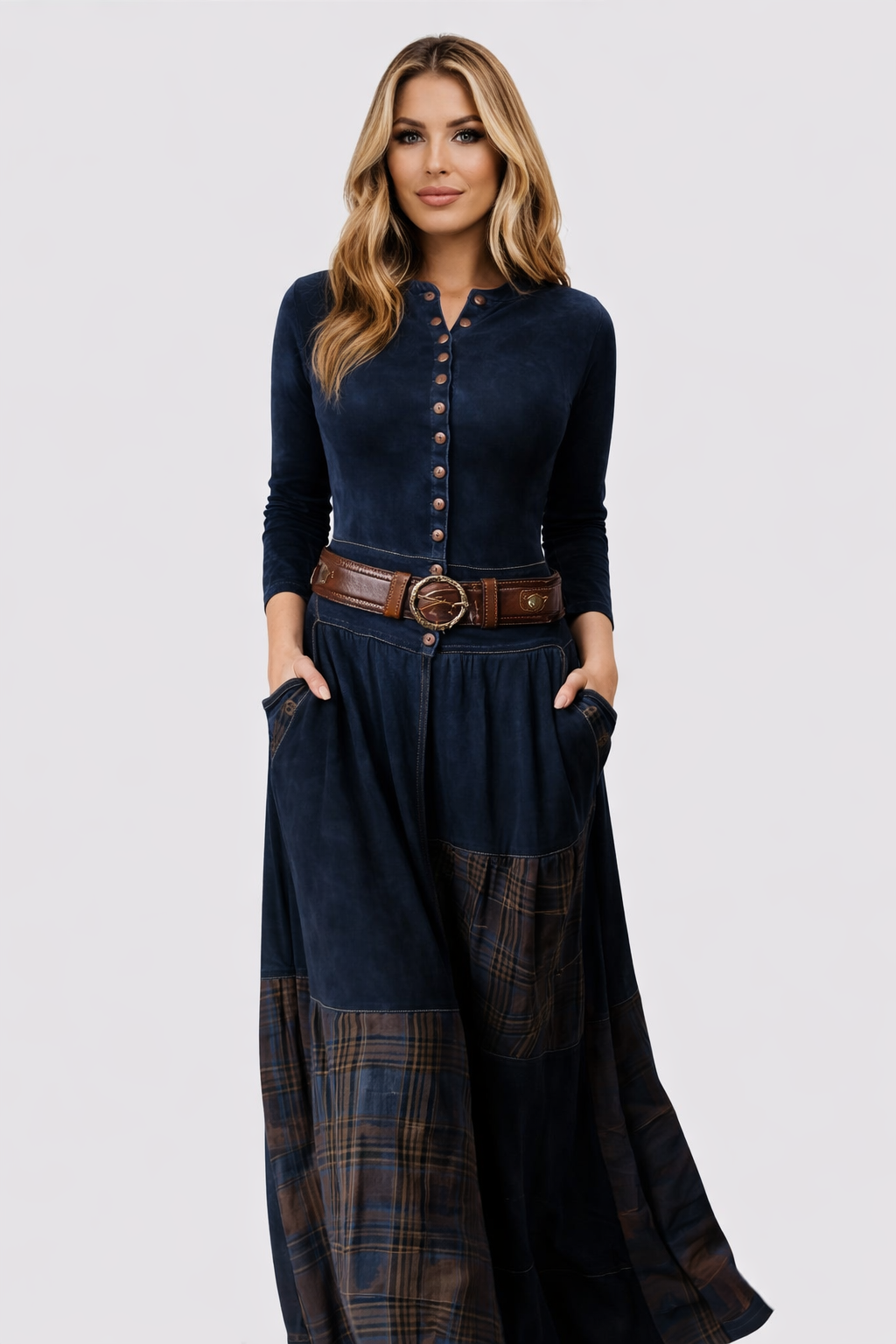 Robe longue à carreaux avec ceinture