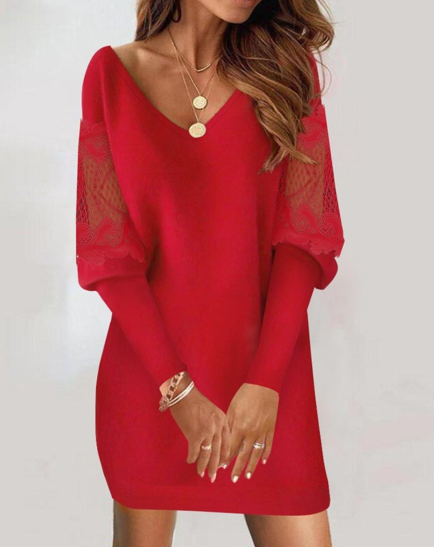 Robe habillée élégante pour femme avec dentelle et décolleté en V