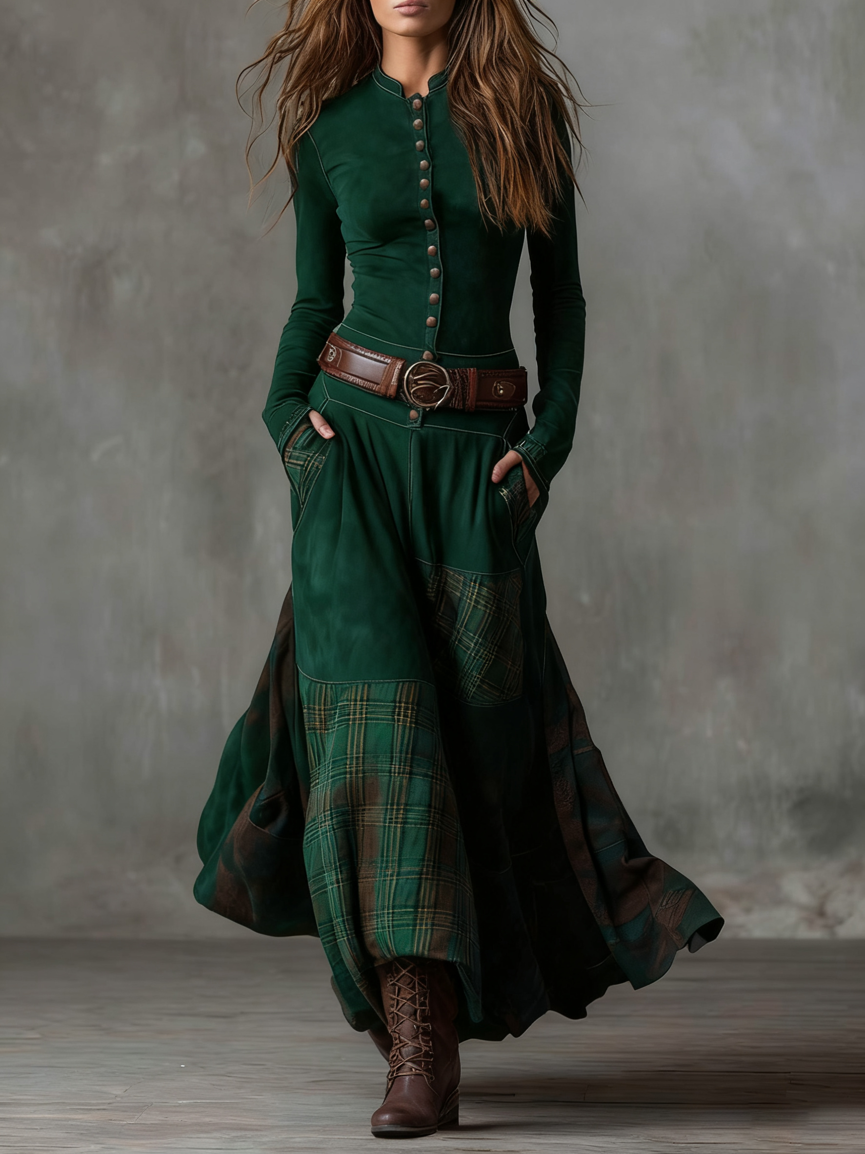 Robe longue à carreaux avec ceinture