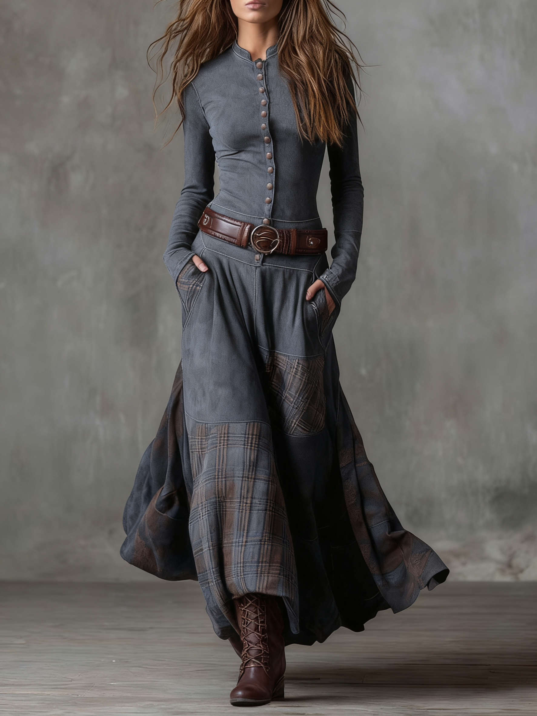 Robe longue à carreaux avec ceinture