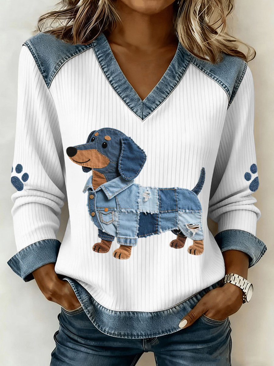 Pull en maille avec détails en jean et col en V